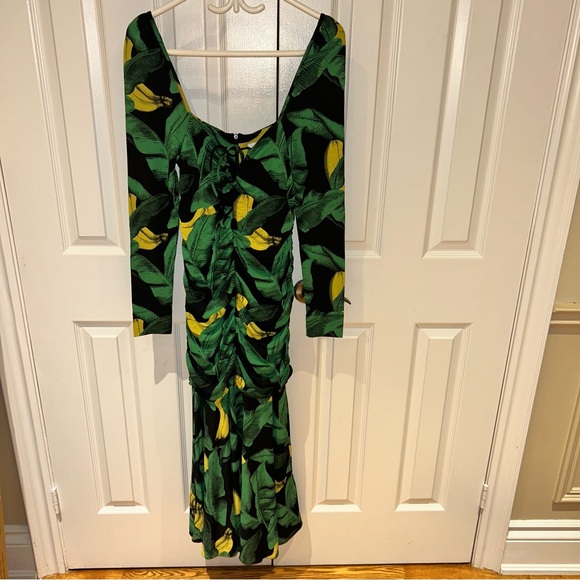 Ganni Ruched Black Banana Palm Print Midi Dress - Picture 3 of 13